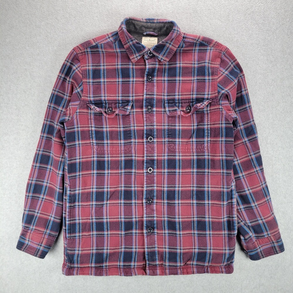 LL Bean Fleece Lined Shacket Mens S Regular Burgundy‎ Blue Plaid Flannel Jacket